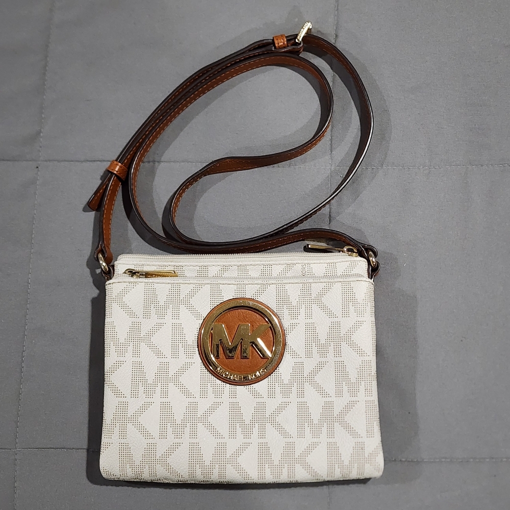 Michael Kors White and Brown Crossbody Bag